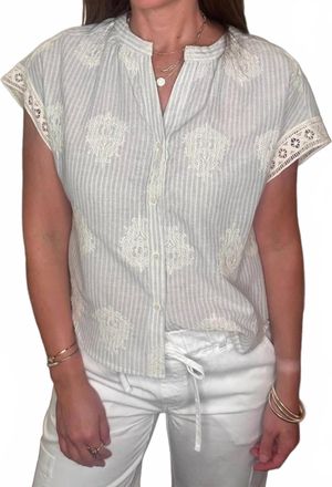 See U Soon Womens Embroidered Stripe Button Up Top In White