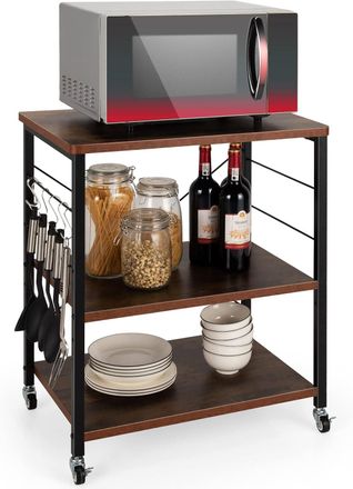 Costway Estante Para Pasteler&iacute;a Con 3 Niveles, Carrito De Cocina Con 10 Ganchos Removibles, Estante Estructura De Metal Con Ruedas Bloqueables - Costway