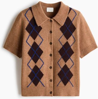 H&M Collared Cardigan in Dark Beige/argyle at Nordstrom, Size Xx-Small