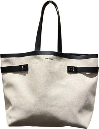 Ferragamo Beige Black Canvas Tote Bag (Pre-Owned)