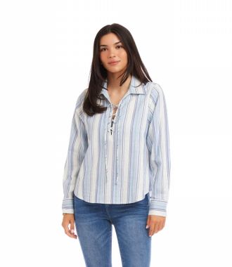 Karen Kane Landry Long Sleeve Eyelet Lace Up Stripe Top In Off-White With Blue Stripes