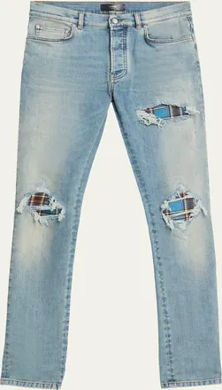 Amiri Mens Plaid Repair Denim Skinny Jeans