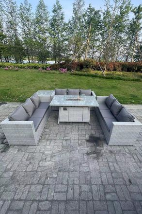 Fimous Light Grey U Shape Lounge Sofa Dining Set Gas Heater Firepit Dining Table Set Coffee Tea Table