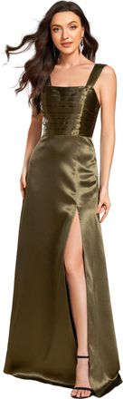 Ever-pretty Women Maxi Dresses Bridesmaid Dress Pleated A-Line Satin Sleeveless Dress with Double V Elegant Evening Dress Olive Geen 14UK