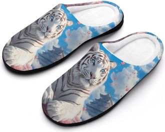 Generic White Tiger Cherryflower Womens Slippers Warm House Slippers Indoor House Shoes with Anti-Skid Rubber Sole