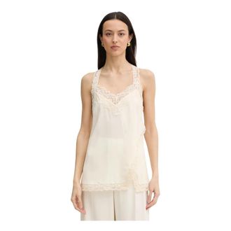 Pinko Zijden top met kanten afwerking - Dames - Tops zonder mouwen - Beige - M - Katoen - Tops
