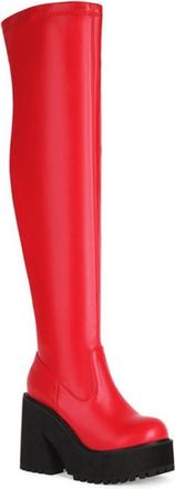 Generic Womens Round Toe High Chunky Heel Platform Over The Knee Stretch Thigh High Fashion Shoes with Side Zipper (Red,7.5)