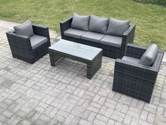 Fimous Lounge Rattan Sofa Set Outdoor Garden Furniture 2 Chairs Rectangular Coffee Table in Dark Grey