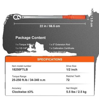 OEM Llave Dinamom&eacute;trica De Alta Precisi&oacute;n Y Construcci&oacute;n Duradera, 56,5 Cm, 25-250 Lb-pie