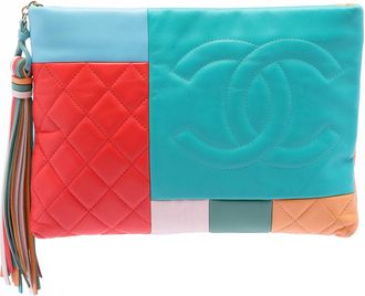 Chanel Pre-owned Womens Medium Lambskin Colorblock Patchwork O Case - Turquoise Leather - One Size
