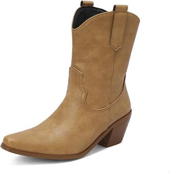 Generic Womens Mid-Calf Western Cowboy Boots with Square Toe & Chunky Heel, Retro Wide-Calf Style,Yellow,7.5 UK