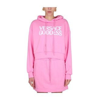 Versace Hoodies, female, Pink, Size: M Drawstring Hood Front Log