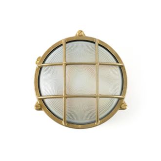 Netlighting Noray 1 Light Outdoor Bulkhead Wall Light Brass IP65 E27 in Yellow