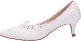 Supvox White Lace Wedding Shoes for Women, 5cm Heel Bridal Pumps with Floral Pattern, Pointed Toe Summer Spring Heels for Wedding Photos and Formal Occasions