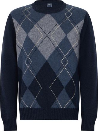 Fedeli Trui met ruitpatroon en ronde hals - Heren - Ronde hals truien - Blauw - L - Kasjmier - Truien & Vesten