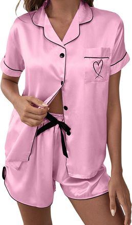 Generic Womens Pyjamas Set 2 Piece Silk Sleepwear Lapel Collared Casual Loose Button Down Short Sleeve Shirt and Shorts Two Piece Glossy Satin Loungewear Pjs 
