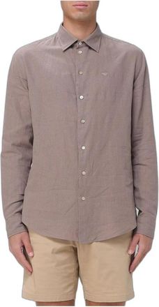 Emporio Armani Linnen en Katoenen Shirt - Heren - Overhemden - Beige - Maat: XL Katoen
