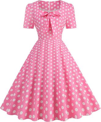 Generic 50s Rockabilly Petticoat Dresses Womens Retro Polka Dot Print Evening Dress Square Collar Short Sleeve Swing Dress Party Dress with Bow Buttons Prom D