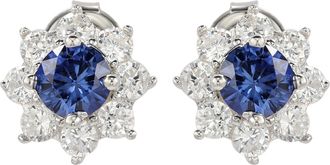 Suzy Levian Sterling Silver Blue Sapphire Flower Halo Stud Earrings