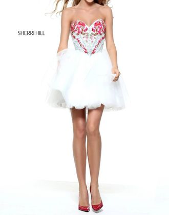 Sherri Hill Strapless Corset Denim Beaded Bodice Dress With Tulle A-Line Skirt In Ivory/multi