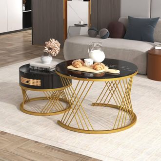 Merax 2 Piece Round Marble Effect Coffee Table Set with Drawer in Black