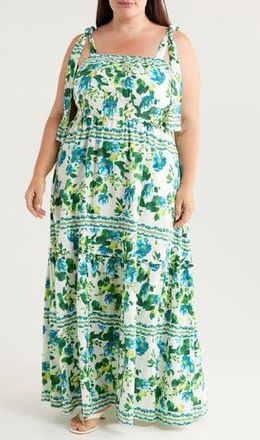 Chelsea28 Floral Print Tie Strap Maxi Sundress in Ivory- Blue Sweet Fruit Border at Nordstrom Rack, Size 2X