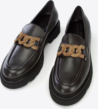 Wittchen Dames Leren Mocassins met Decoratieve Ketting op Platform Donkerbruin