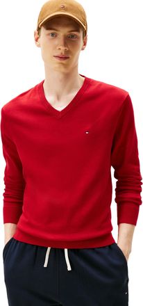 Tommy Hilfiger Mens Cotton Solid V Neck Sweater Lightweight Pullover, Medium Red, XL