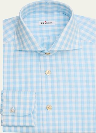 Kiton Mens Cotton Plaid Dress Shirt with Mother-Of-Pearl Buttons