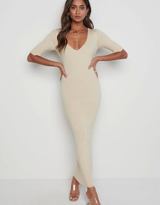 Pretty Lavish Womens Lara Ribbed Midi Dress - Beige - Cream - Size: 18/16