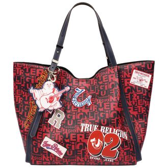 True Religion Multi Patch Graphic Tote Bag with Buddha Charm and Adjustable Shoulder Straps