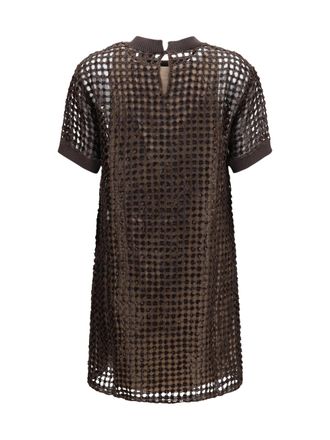 Brunello Cucinelli Womens Sequin Mesh Mini Dress Dark Brown Silk; Linen