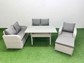 Fimous High Back Poly Rattan Garden Furniture Set w/ Reclining Chair Loveseat Sofa Rectangular Dining Table Indoor Outdoor Patio Set Big Stool Light