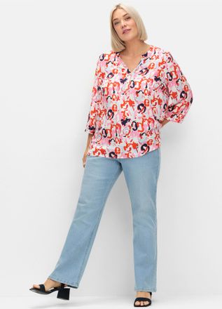 Sheego Longbluse SHEEGO, Damen, Gr. 40, blau (tiefblau, pink gemustert), 100% Viskose, gemustert, Rundhals, Blusen Longbluse