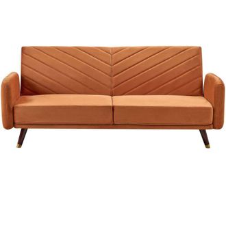 Beliani Divano Letto in Velluto Arancione Gambe in Legno a 3 Posti Design Retr&oacute; Senja