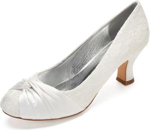 Generic Wedding Bridal Shoes Womens Round Toe Pump Kitten Low Heel Shoes Lace Kitten Heel Prom Party Dress Shoes 6.5Cm,Ivory,5 UK