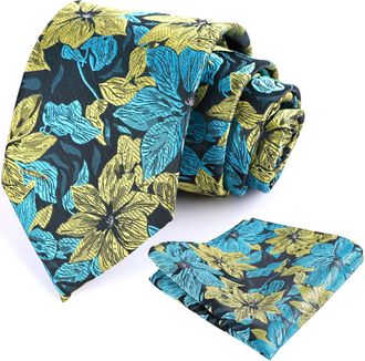 Alizeal Mens Tie with Hanky Set Floral Silky for Wedding Party Necktie and Handkerchief Set, Teal+Yellow