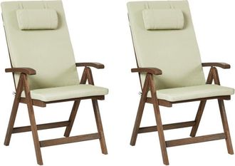 Beliani Set of 2 Rustic Garden Chairs Natural Acacia Wood Adjustable Foldable with Armrests Green Cushions Amantea Premium