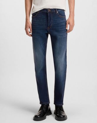 HUGO BOSS Mens Tapered-Fit Jeans in Dark Blue Cotton - Size 36W/30L