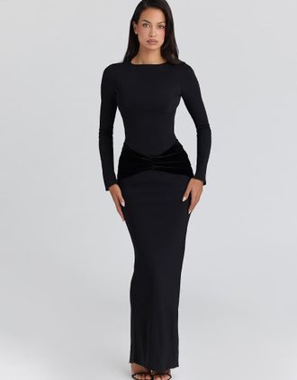 House of CB Athena vestito maxi in jersey cr&ecirc;pe a maniche lunghe nero