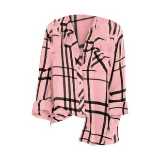 Generic Short Sleeve Pocket Shirt Women Plaid Casual Blouses Pocket Button Down Shirt Tops Cotton Colla Shirt (Pink, M)