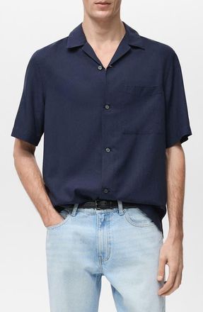 Mango Regular Fit Lyocell Camp Shirt in Dark Navy at Nordstrom, Size Small