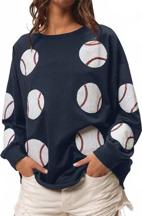 Bibi Sequin Baseball French Terry Pullover In Navy