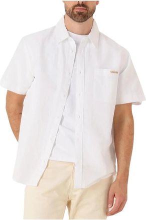 Calvin Klein Overhemden, Heren, Wit, XS, Katoen, Linnen Katoen Korte Mouw Overhemd