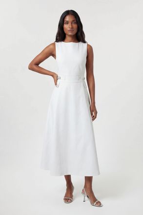 Karen Millen Womens Petite Premium Cotton Tailored Fabric Belted Buckle Midi Dress - Grey - Size 12 UK