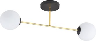 Wonderlamp Plafón de techo negro con barra dorada y 2 esferas de cristal blancas