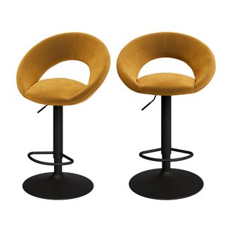 Rendez-Vous D&eacute;co Set de 2 sillas de bar en metal negro y terciopelo curry 61/76,5 cm