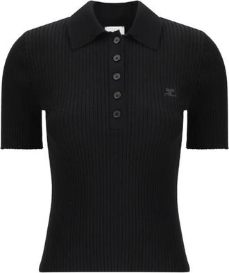 Courr&egrave;ges Gebreide Polo Shirt met Logo Borduurwerk - Dames - Polos - Zwart - M - Polyester - Tops