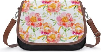 Generic Peach Peony Flowers Watercolor Womens Crossbody Bag Fashion Shoulder Handbags Message Tote Bag with Adjustable Strap