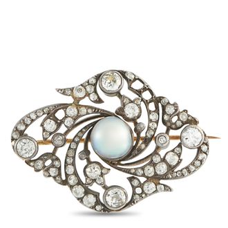 Luxury Bazaar Antique Edwardian 14K Rose Gold and Silver 3.0ct Diamond and Pearl Brooch MF02-051326